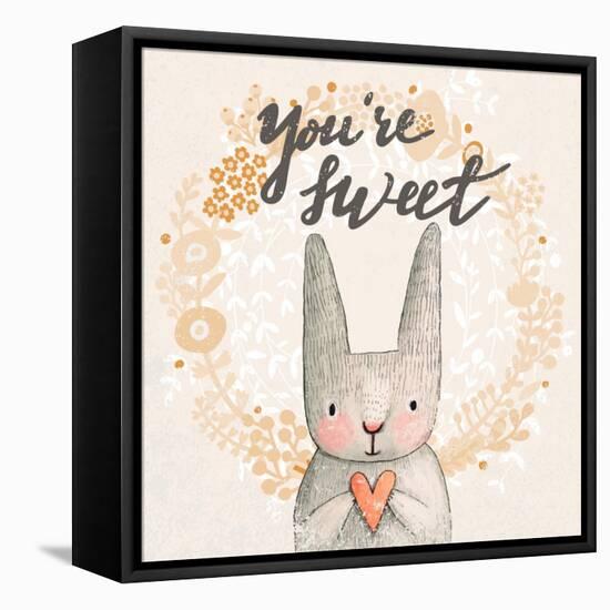 Marvelous Card with Sweet Rabbit Holding Heart. Awesome Background Made in Watercolor Technique. Pa-smilewithjul-Framed Stretched Canvas