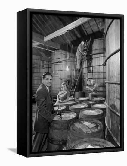 Marvin Sands and His Wife Operating their Own Laboratory for Wine Making-null-Framed Stretched Canvas