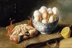 A Crab and a Bowl of Eggs on a Basket, with a Bottle and Half a Lemon-Mary E. Powis-Stretched Canvas