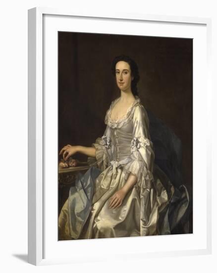 Mary, Wife of Henry, 7th Lord Arundell of Wardour, in a Grey Satin Dress, Holding Roses by a Table-George Knapton-Framed Giclee Print