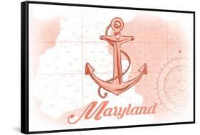 Maryland - Anchor - Coral - Coastal Icon-Lantern Press-Framed Stretched Canvas