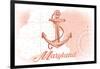 Maryland - Anchor - Coral - Coastal Icon-Lantern Press-Framed Art Print
