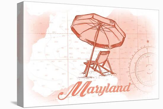 Maryland - Beach Chair and Umbrella - Coral - Coastal Icon-Lantern Press-Stretched Canvas