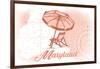 Maryland - Beach Chair and Umbrella - Coral - Coastal Icon-Lantern Press-Framed Art Print