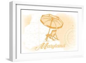 Maryland - Beach Chair and Umbrella - Yellow - Coastal Icon-Lantern Press-Framed Art Print