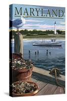 Maryland - Blue Crab and Oysters on Dock-Lantern Press-Stretched Canvas