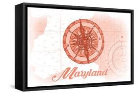 Maryland - Compass - Coral - Coastal Icon-Lantern Press-Framed Stretched Canvas