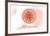 Maryland - Compass - Coral - Coastal Icon-Lantern Press-Framed Art Print