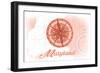 Maryland - Compass - Coral - Coastal Icon-Lantern Press-Framed Art Print