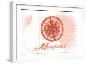 Maryland - Compass - Coral - Coastal Icon-Lantern Press-Framed Art Print