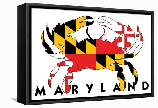 Maryland - Crab Flag (White with Black Text)-Lantern Press-Framed Stretched Canvas