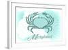 Maryland - Crab - Teal - Coastal Icon-Lantern Press-Framed Art Print