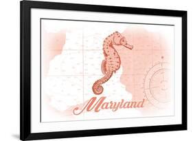 Maryland - Seahorse - Coral - Coastal Icon-Lantern Press-Framed Premium Giclee Print