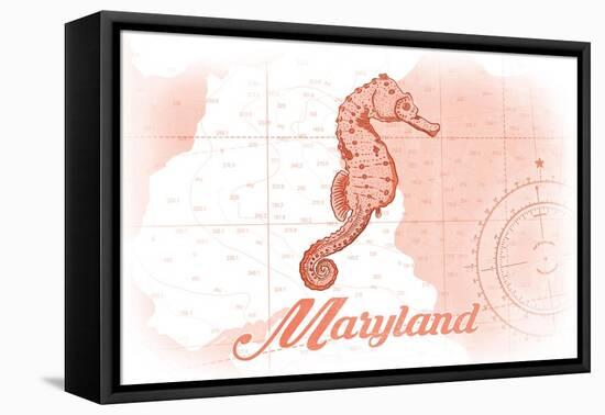 Maryland - Seahorse - Coral - Coastal Icon-Lantern Press-Framed Stretched Canvas
