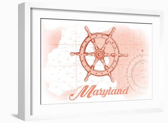 Maryland - Ship Wheel - Coral - Coastal Icon-Lantern Press-Framed Art Print