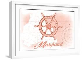 Maryland - Ship Wheel - Coral - Coastal Icon-Lantern Press-Framed Art Print