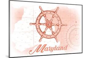 Maryland - Ship Wheel - Coral - Coastal Icon-Lantern Press-Mounted Art Print