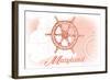 Maryland - Ship Wheel - Coral - Coastal Icon-Lantern Press-Framed Art Print