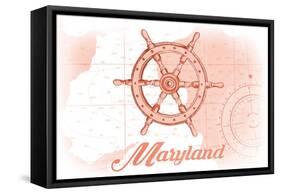 Maryland - Ship Wheel - Coral - Coastal Icon-Lantern Press-Framed Stretched Canvas