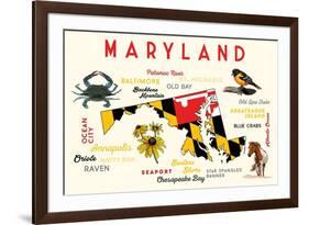 Maryland - Typography and Icons with Black Eyed Susans-Lantern Press-Framed Premium Giclee Print