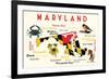 Maryland - Typography and Icons with Black Eyed Susans-Lantern Press-Framed Premium Giclee Print