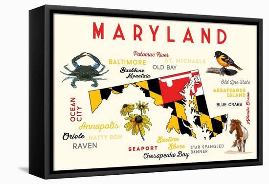 Maryland - Typography and Icons with Black Eyed Susans-Lantern Press-Framed Stretched Canvas