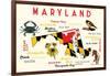 Maryland - Typography and Icons with Black Eyed Susans-Lantern Press-Framed Art Print