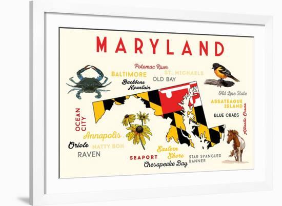 Maryland - Typography and Icons with Black Eyed Susans-Lantern Press-Framed Art Print