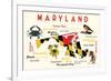 Maryland - Typography and Icons with Black Eyed Susans-Lantern Press-Framed Art Print