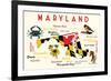 Maryland - Typography and Icons with Black Eyed Susans-Lantern Press-Framed Art Print