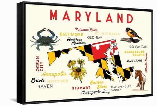 Maryland - Typography and Icons with Black Eyed Susans-Lantern Press-Framed Stretched Canvas