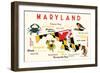 Maryland - Typography and Icons with Black Eyed Susans-Lantern Press-Framed Art Print