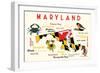 Maryland - Typography and Icons with Black Eyed Susans-Lantern Press-Framed Art Print