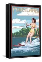 Maryland - Water Skier and Lake-Lantern Press-Framed Stretched Canvas