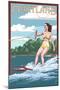 Maryland - Water Skier and Lake-Lantern Press-Mounted Art Print