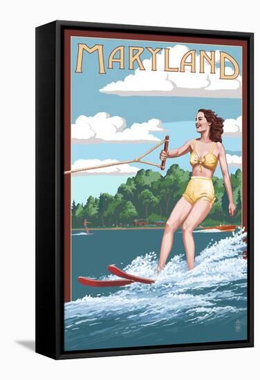 Maryland - Water Skier and Lake-Lantern Press-Framed Stretched Canvas