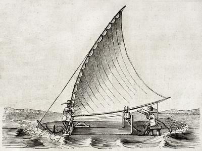 Old Illustration Of A Jangada, Traditional Fishing Boat Used In Northern Region Of Brazil