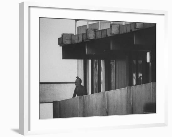 Masked Black September Arab Terrorist Looking from Balcony of Athletes Housing Complex-Co Rentmeester-Framed Photographic Print