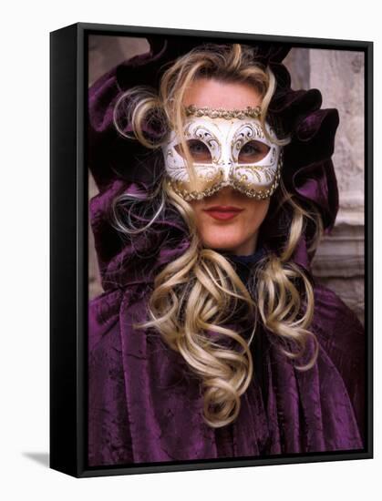 Masked Woman, Venice Carnival, Italy-Kristin Piljay-Framed Stretched Canvas
