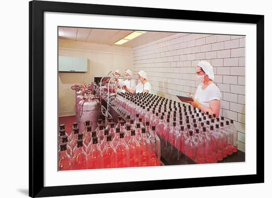 Masked Women Filling Bottles at Plant-null-Framed Premium Giclee Print