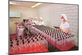 Masked Women Filling Bottles at Plant-null-Mounted Art Print