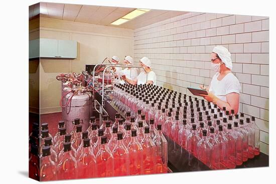 Masked Women Filling Bottles at Plant-null-Stretched Canvas