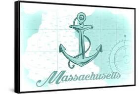 Massachusetts - Anchor - Teal - Coastal Icon-Lantern Press-Framed Stretched Canvas