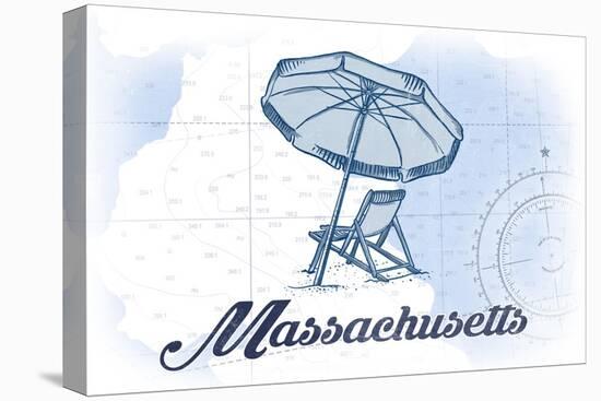 Massachusetts - Beach Chair and Umbrella - Blue - Coastal Icon-Lantern Press-Stretched Canvas