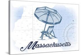 Massachusetts - Beach Chair and Umbrella - Blue - Coastal Icon-Lantern Press-Stretched Canvas