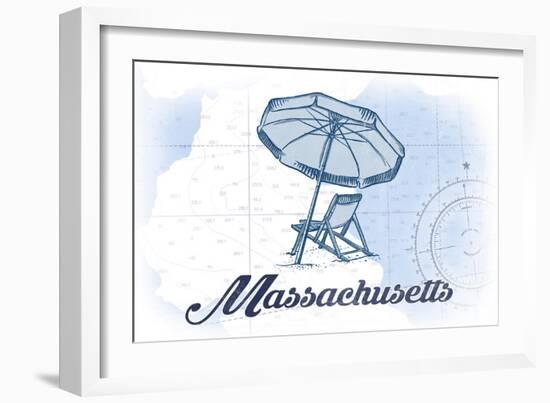 Massachusetts - Beach Chair and Umbrella - Blue - Coastal Icon-Lantern Press-Framed Art Print