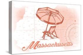 Massachusetts - Beach Chair and Umbrella - Coral - Coastal Icon-Lantern Press-Stretched Canvas