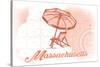 Massachusetts - Beach Chair and Umbrella - Coral - Coastal Icon-Lantern Press-Stretched Canvas