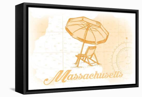 Massachusetts - Beach Chair and Umbrella - Yellow - Coastal Icon-Lantern Press-Framed Stretched Canvas