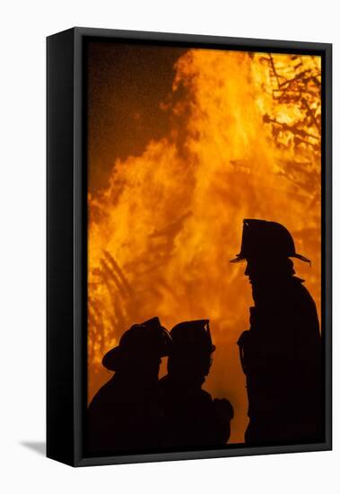 Massachusetts, Cape Ann, Fourth of July Bonfire, Silhouette of Firemen-Walter Bibikow-Framed Stretched Canvas